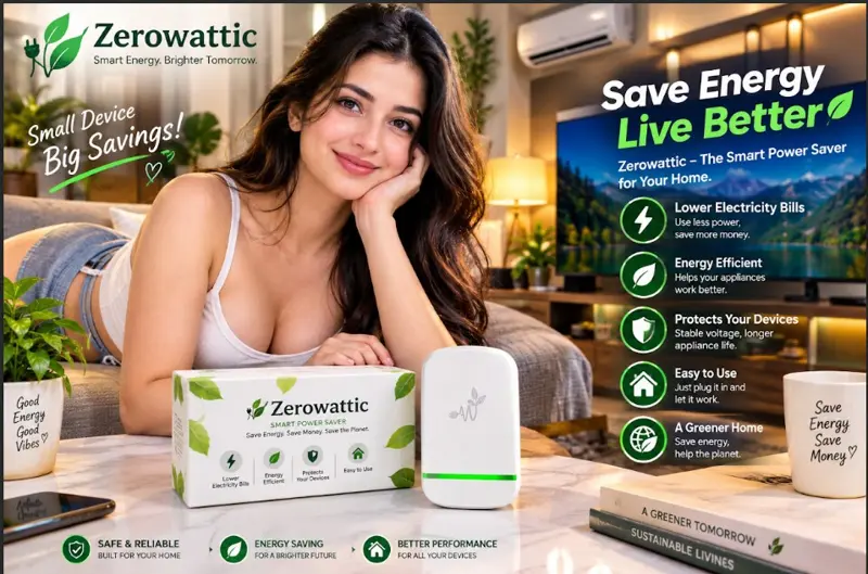Zerowattic promotional banner showing the white plug-in power saver and its retail box on a living-room table