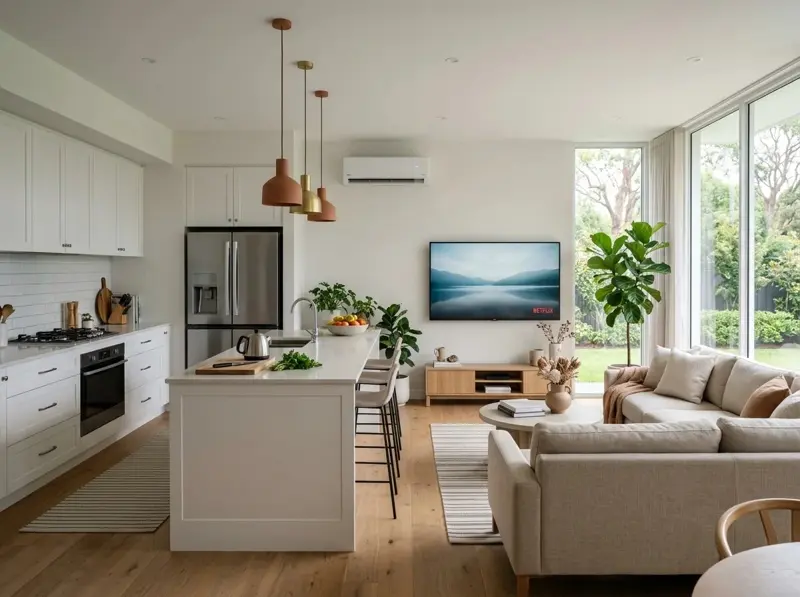 Bright open-plan kitchen and living room with a refrigerator, air conditioner, and TV, the kinds of appliances that drive a home electricity bill