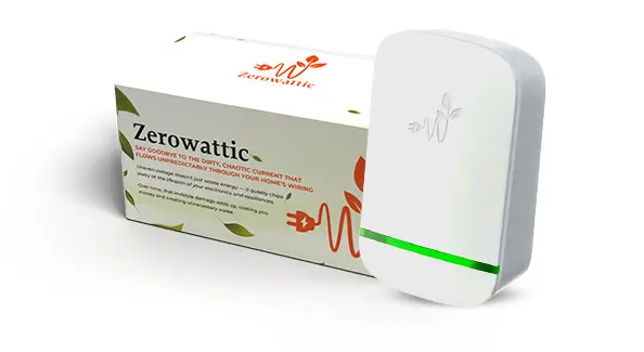 ZeroWattic Power Saver, a white plug-in device with a green light strip, shown with its retail box